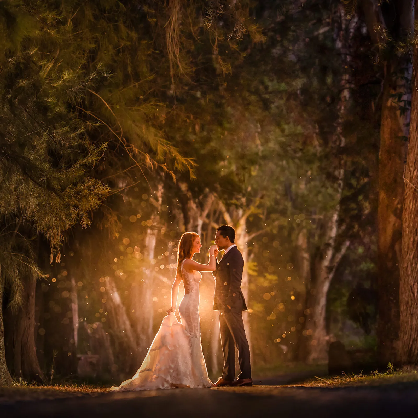 Rim lit bride and groom with golden glow romantic flash image by Marlies Hartmann